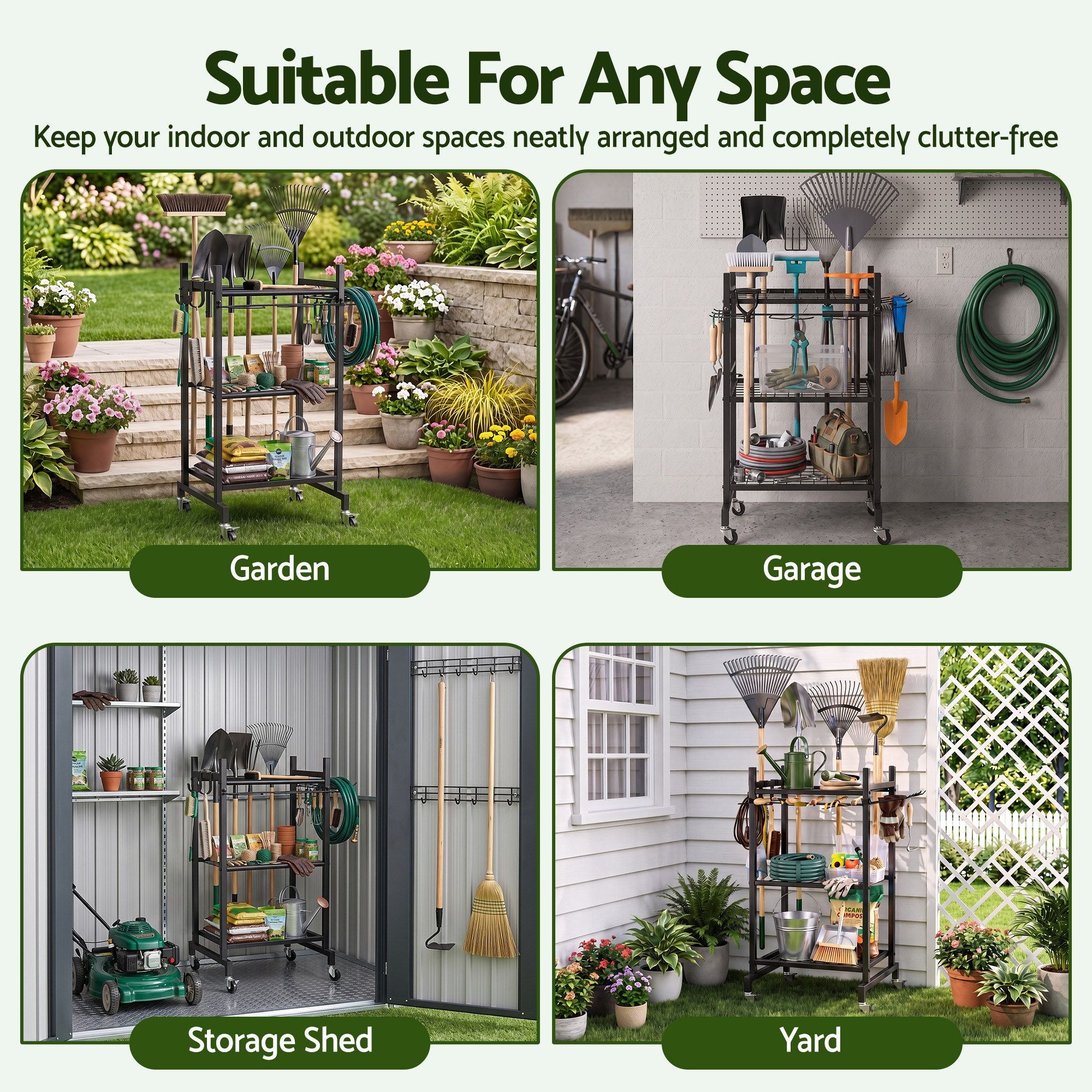 Garden Tool Organizer with Wheels Heavy Duty Garage Yard Storage Cart