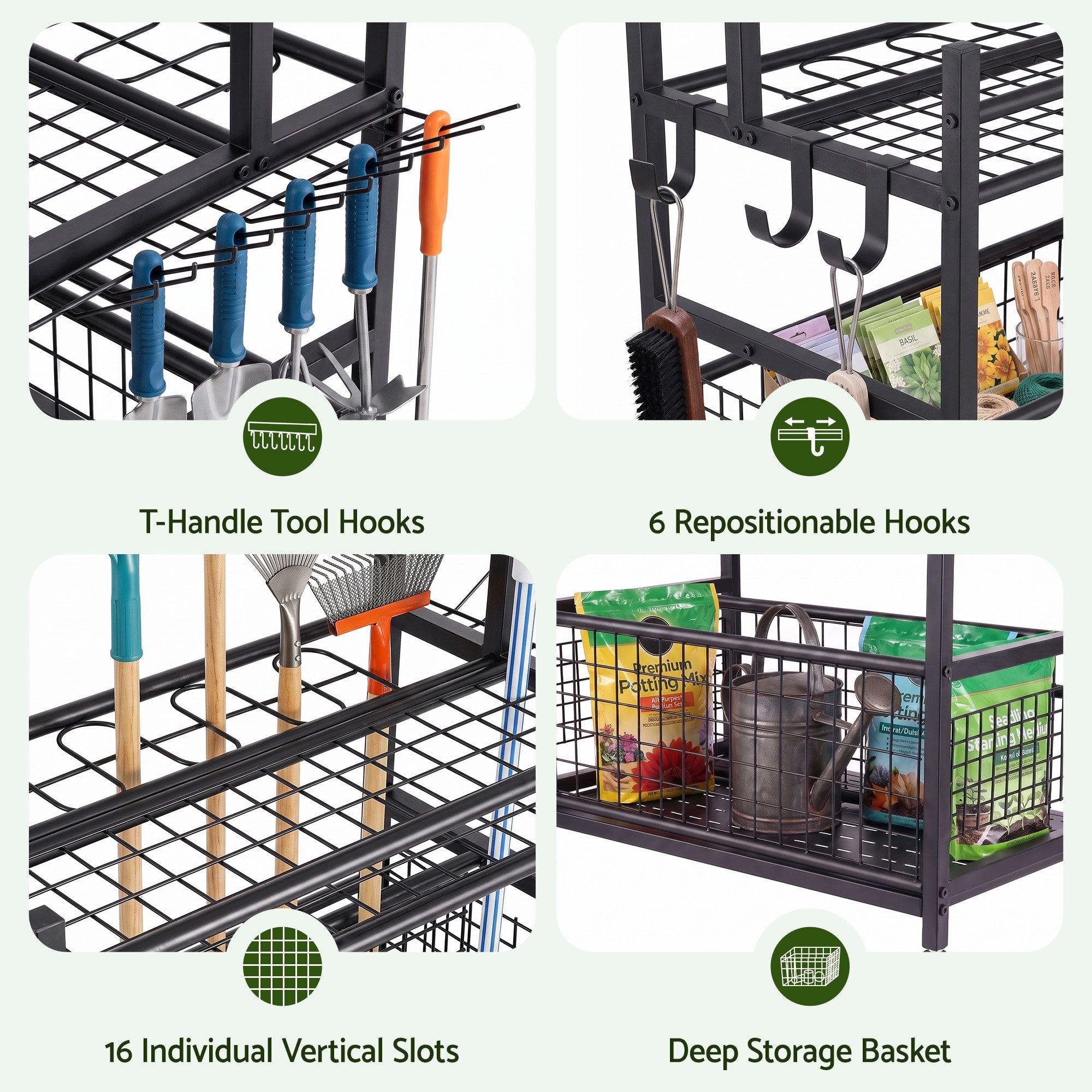 Garden Tool Organizer Rack 16 Slots Rolling Garage Storage with Hooks