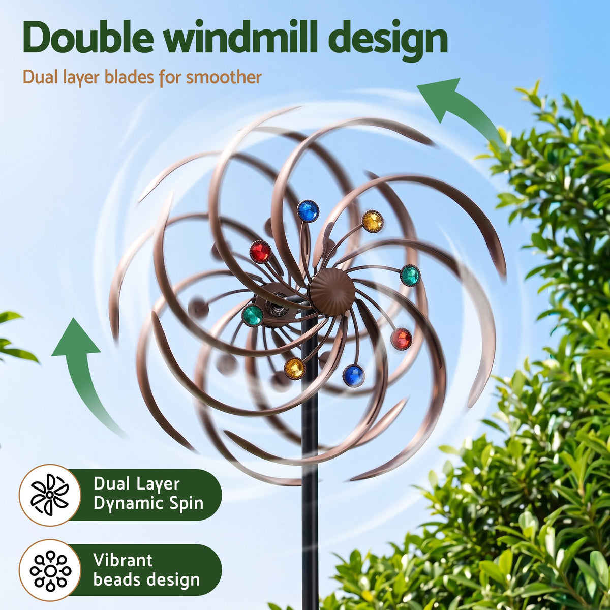 Double Layer Metal Garden Windmill Wind Spinner 190cm - Bronze