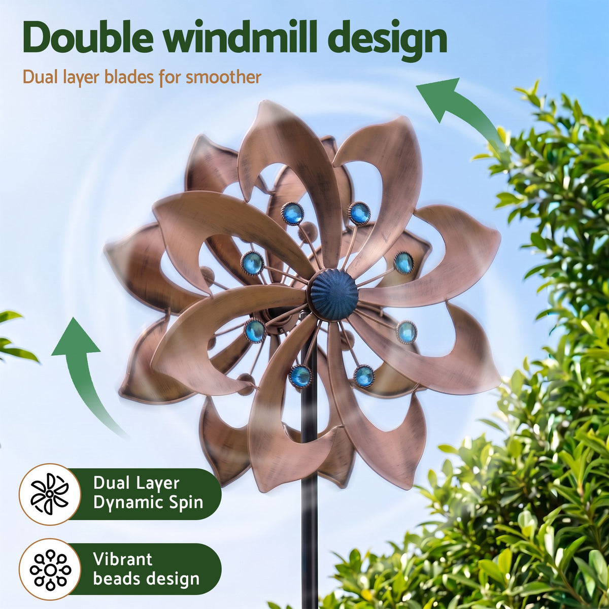 Double Layer Metal Garden Windmill Wind Spinner 190cm - Bronze