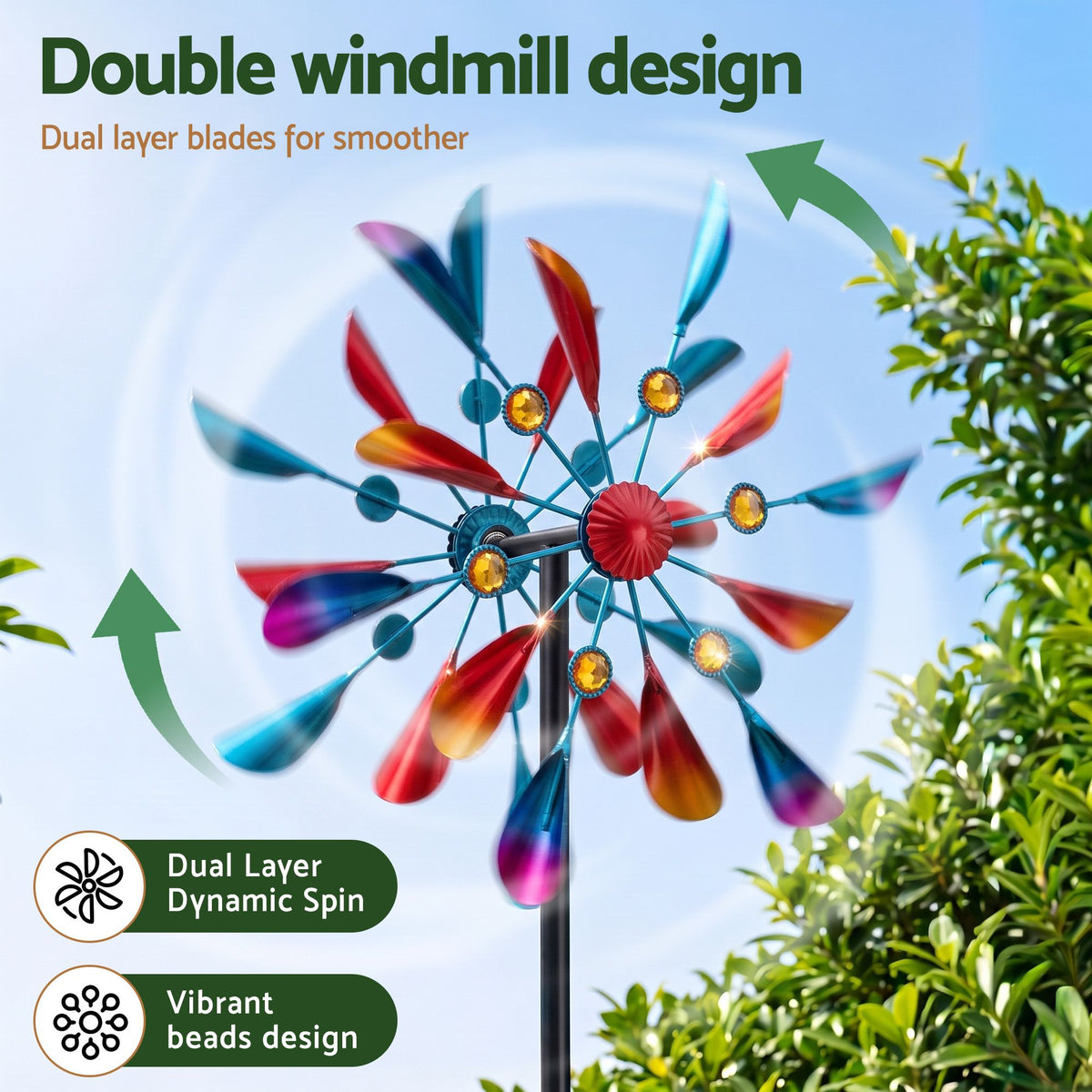 Garden Metal Double Windmill Spinner 190cm Outdoor Lawn Decor
