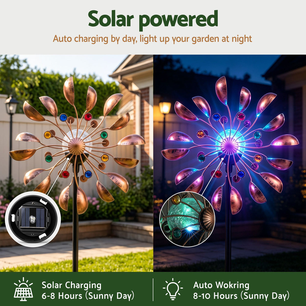 Garden Windmill Metal Wind Spinner with Solar Light 190cm - Bronze