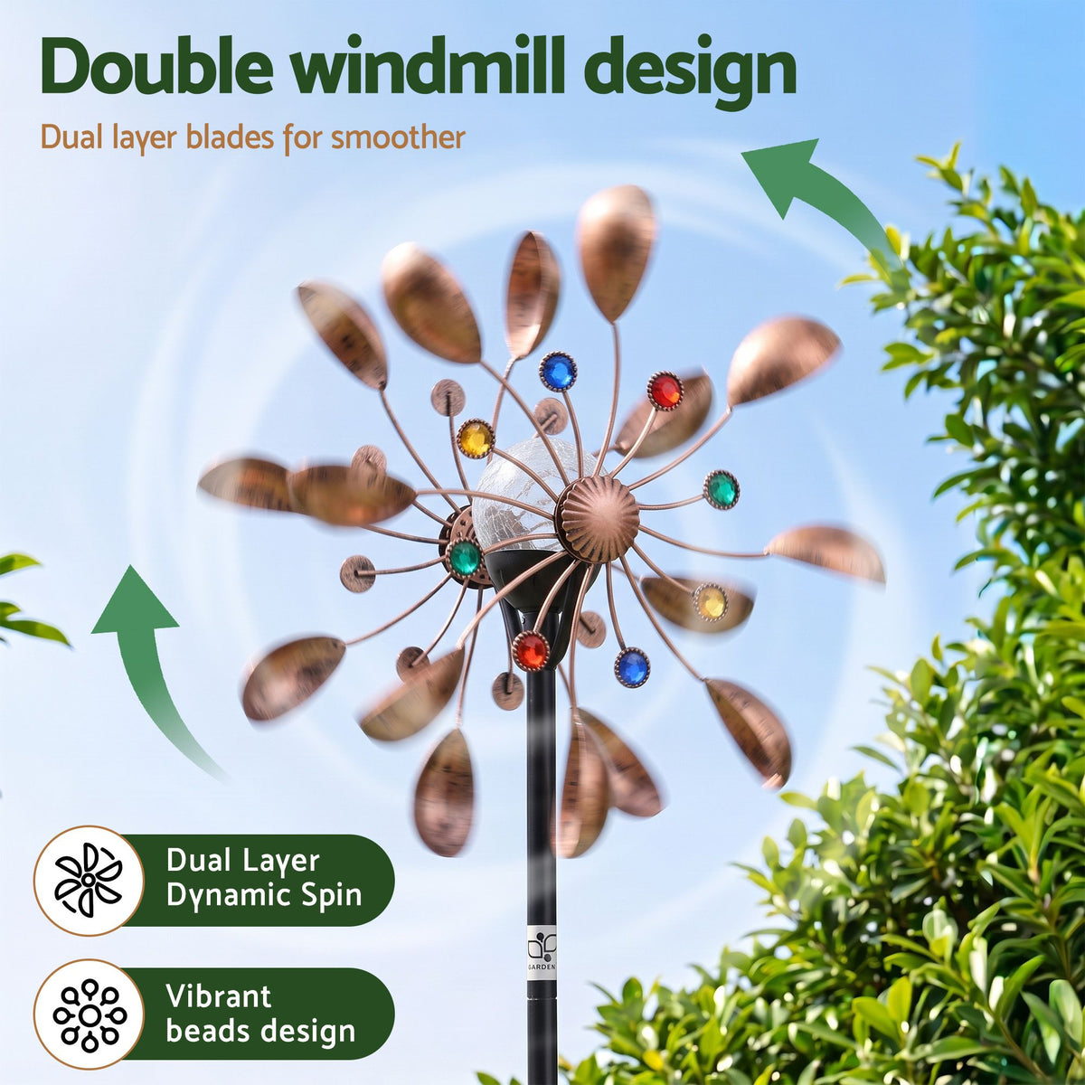 Garden Windmill Metal Wind Spinner with Solar Light 190cm - Bronze