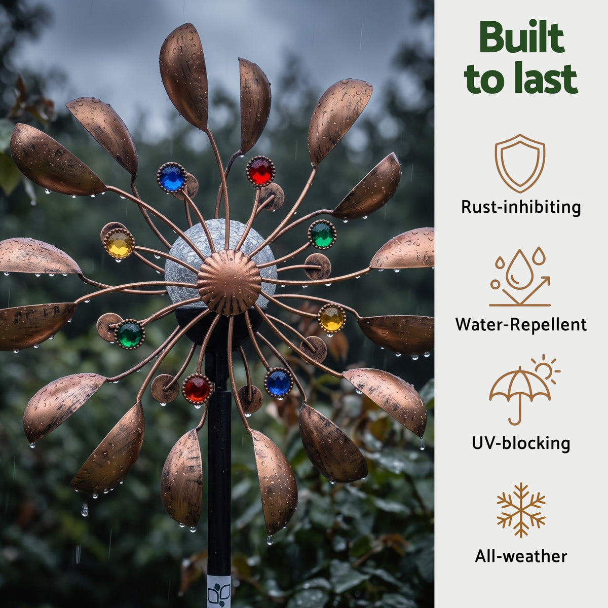 Garden Windmill Metal Wind Spinner with Solar Light 190cm - Bronze
