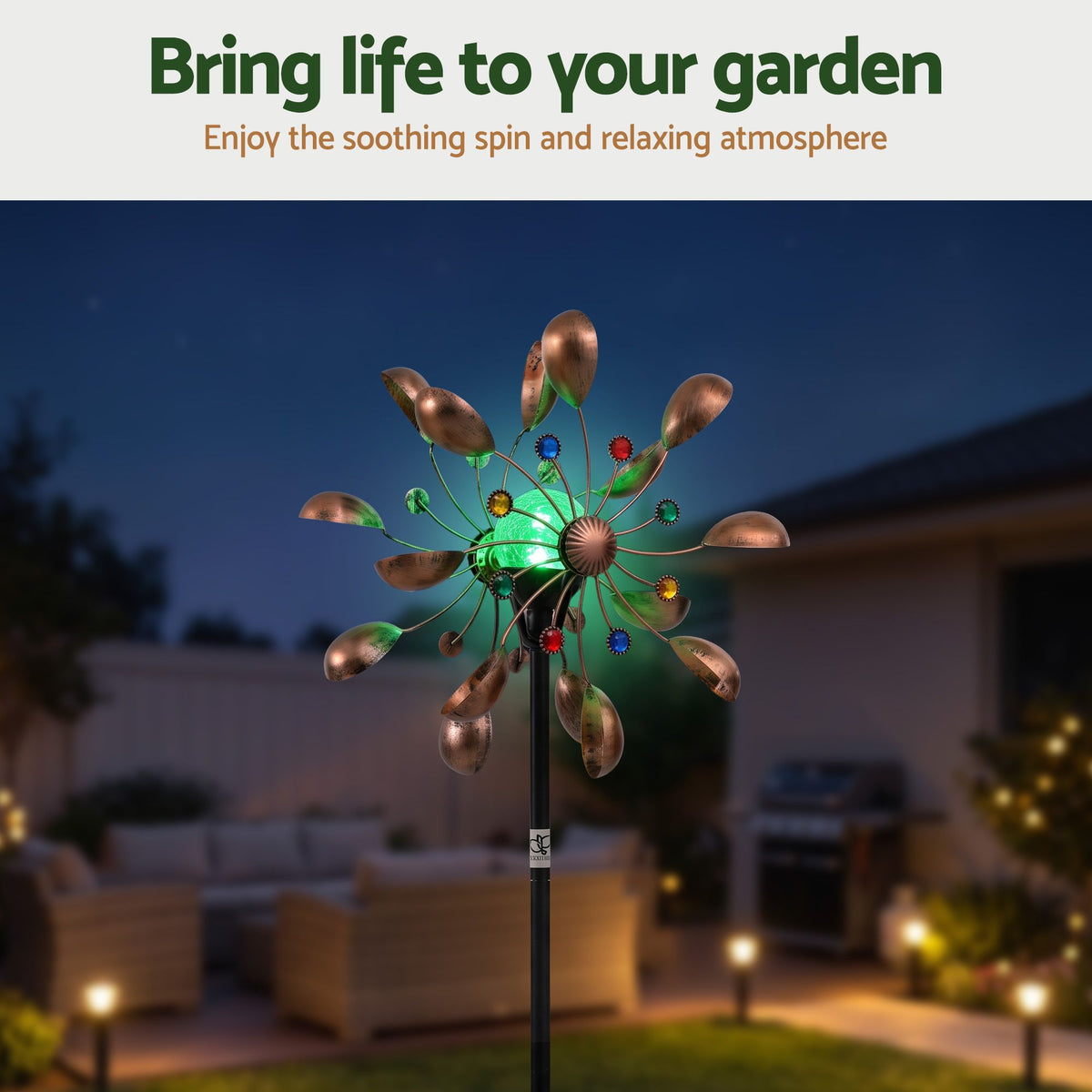 Garden Windmill Metal Wind Spinner with Solar Light 190cm - Bronze