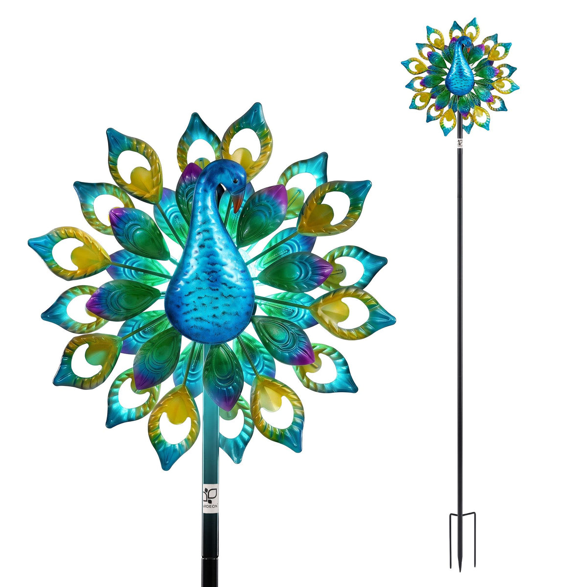 Garden Windmill Solar Light with Colourful Peacock Metal Spinner 190cm