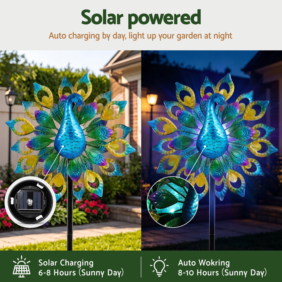 Garden Windmill Solar Light with Colourful Peacock Metal Spinner 190cm