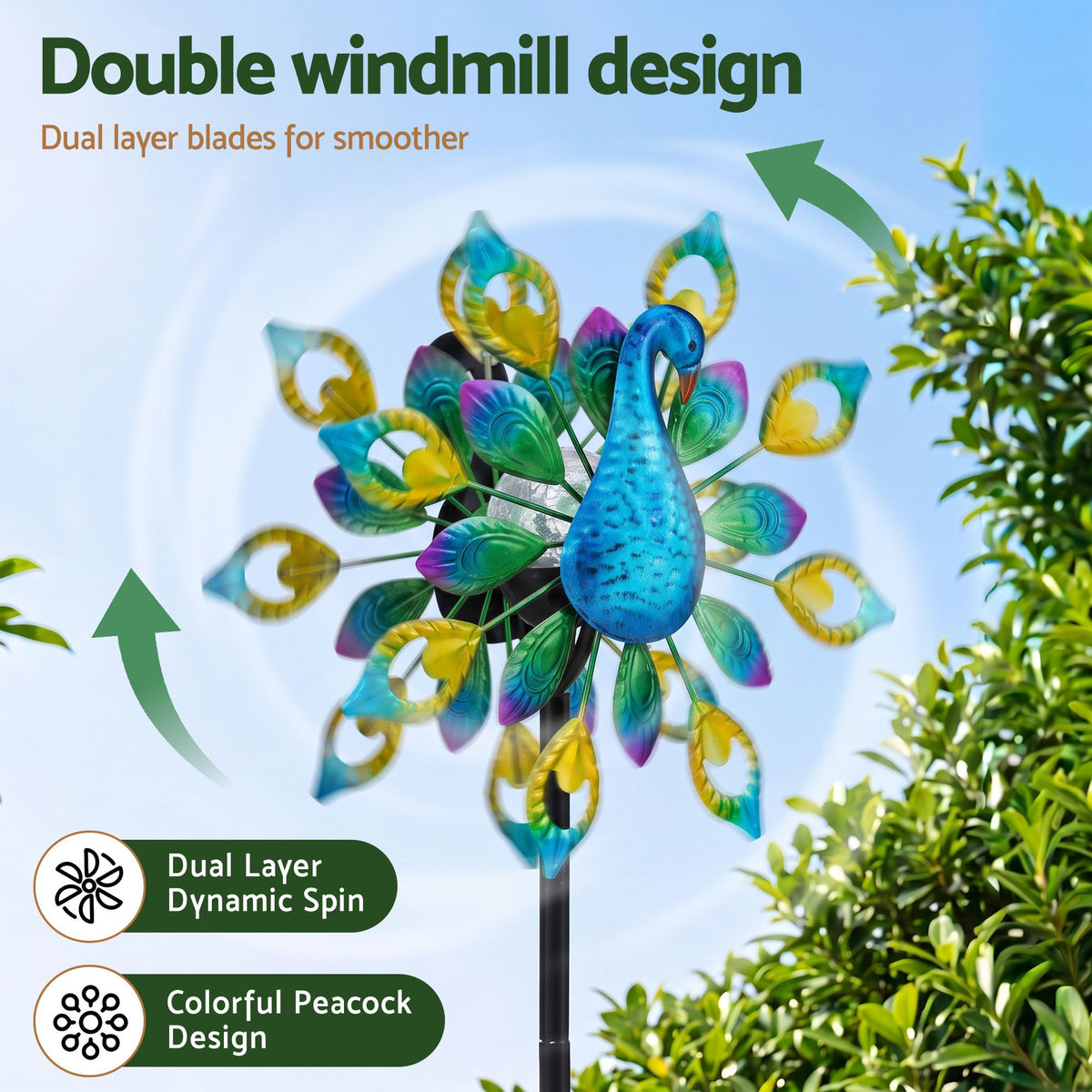 Garden Windmill Solar Light with Colourful Peacock Metal Spinner 190cm