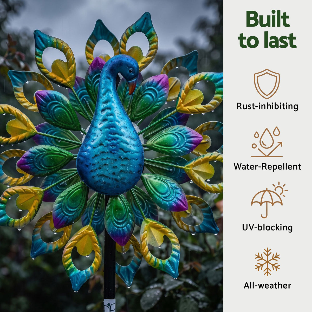 Garden Windmill Solar Light with Colourful Peacock Metal Spinner 190cm