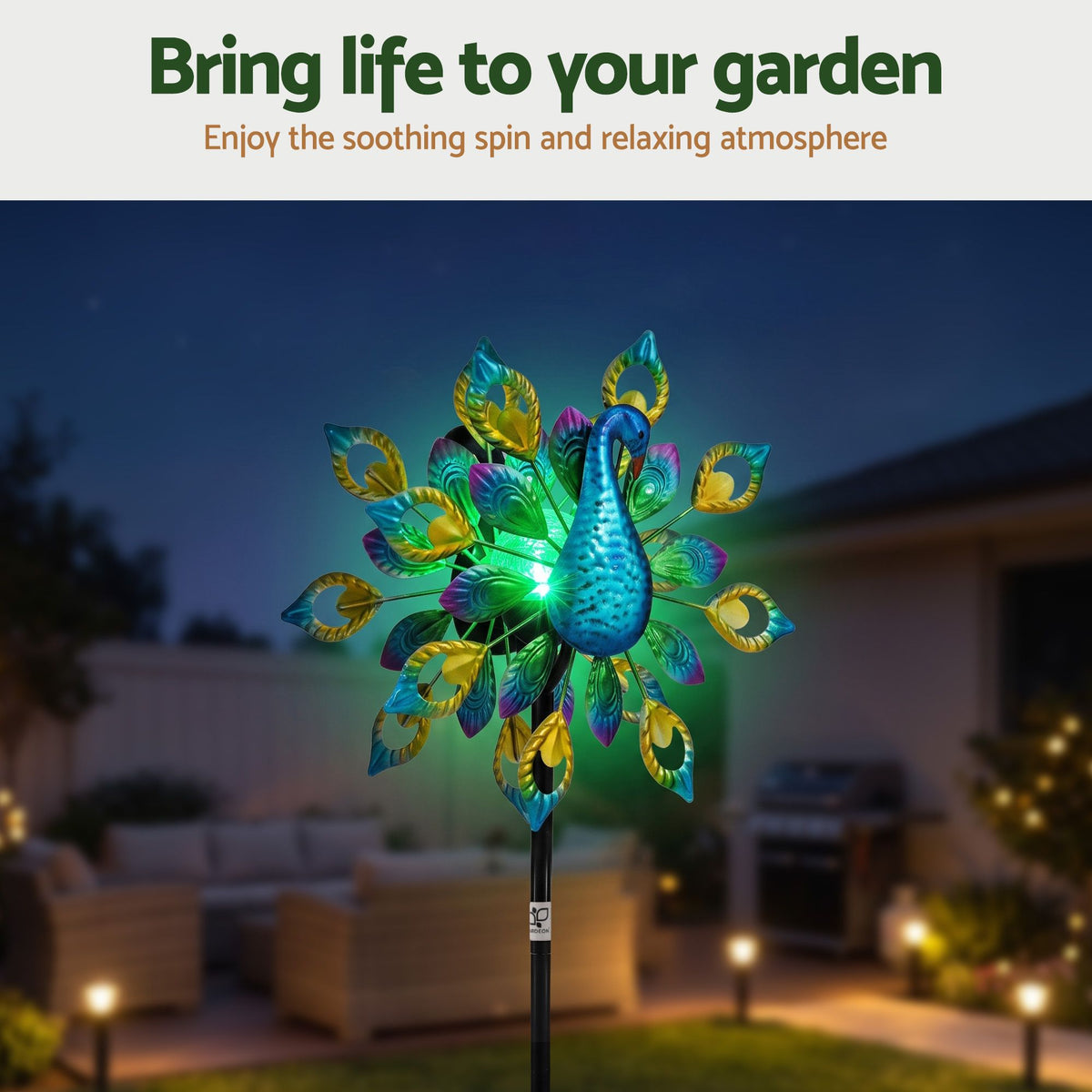 Garden Windmill Solar Light with Colourful Peacock Metal Spinner 190cm