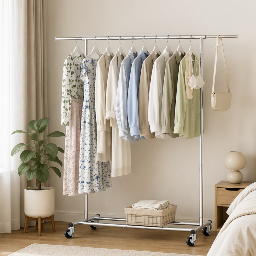 2X Adjustable Clothes Rack Garment Stand with Extendable Rail and Lockable Casters