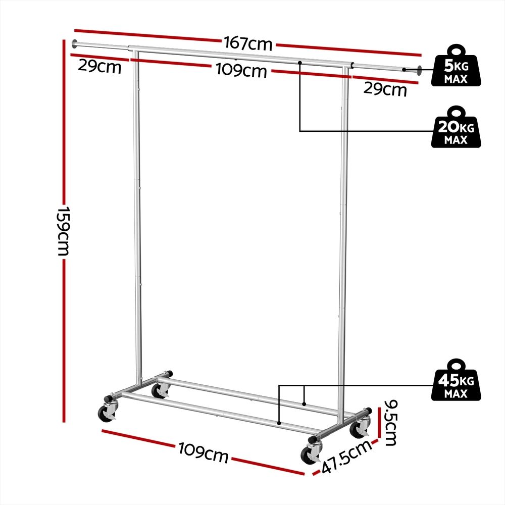 2X Adjustable Clothes Rack Garment Stand with Extendable Rail and Lockable Casters