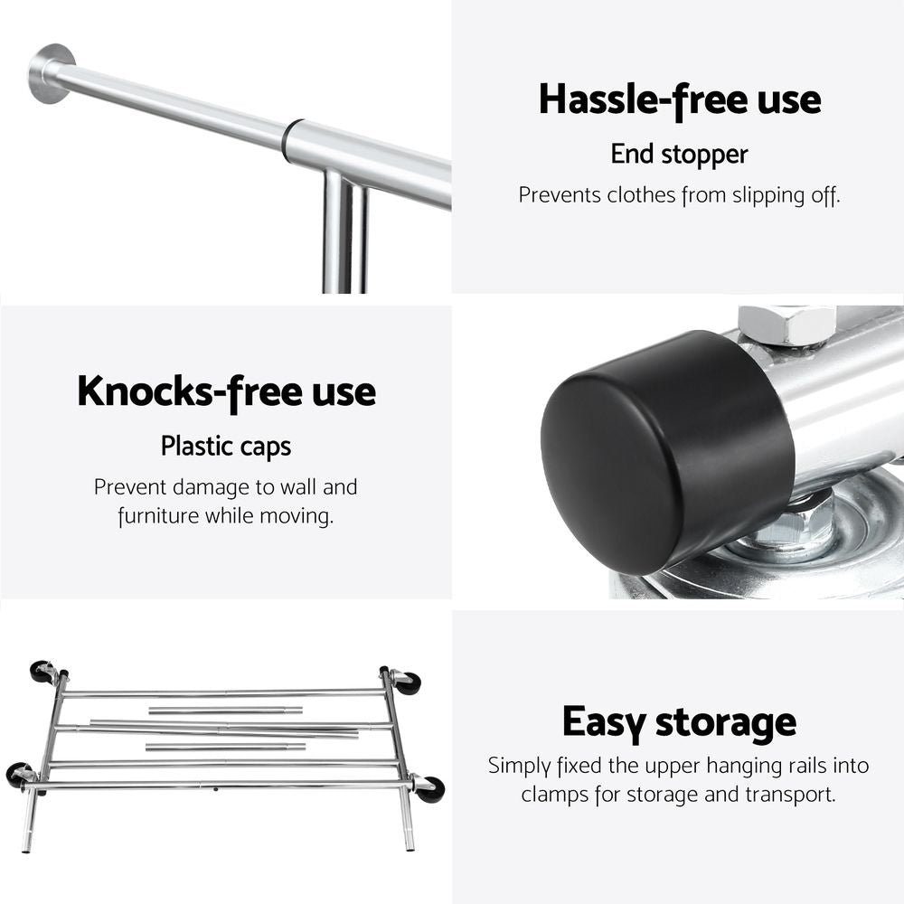 2X Adjustable Clothes Rack Garment Stand with Extendable Rail and Lockable Casters