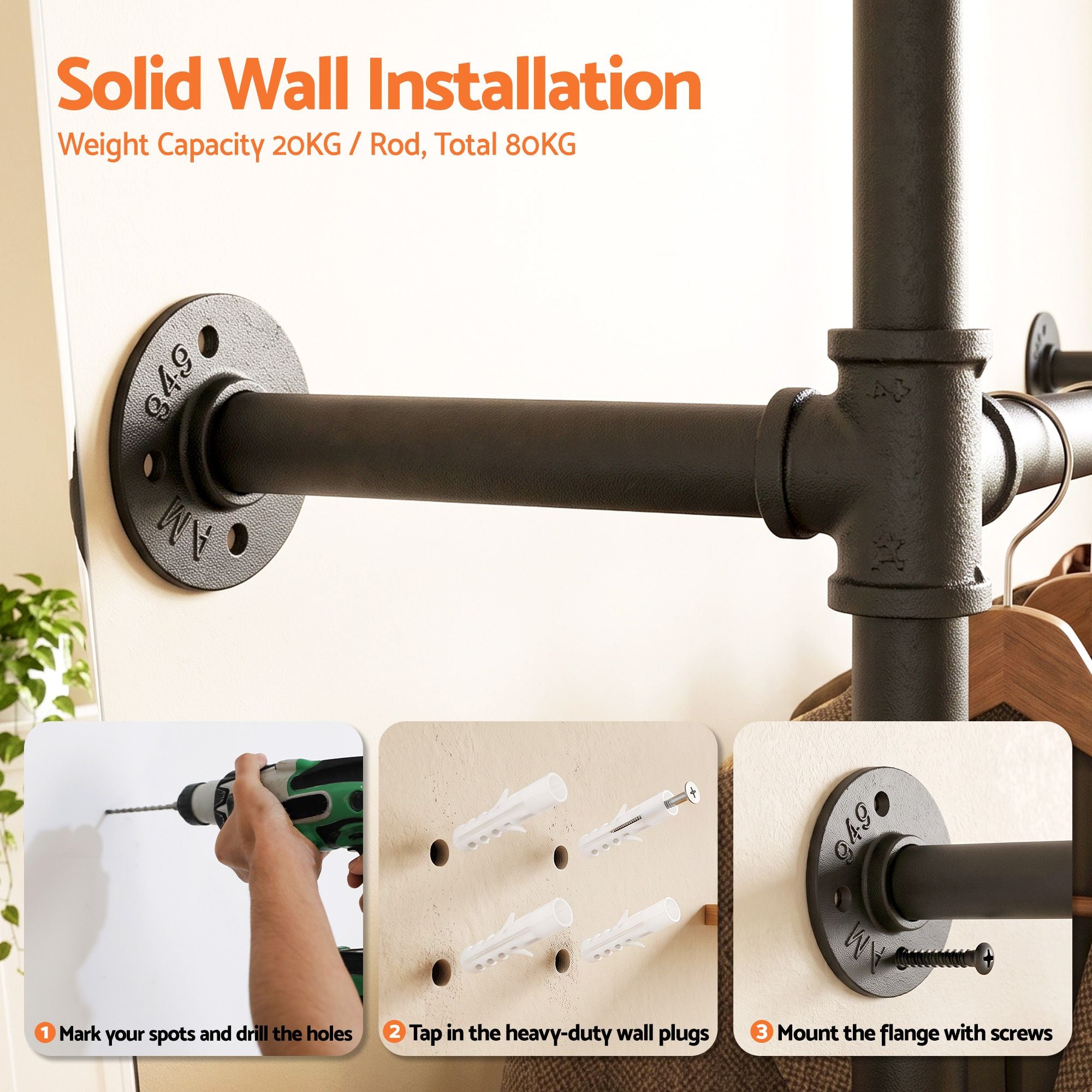 Artiss Industrial Pipe Wall Mounted Clothing Rack 206cm - Black
