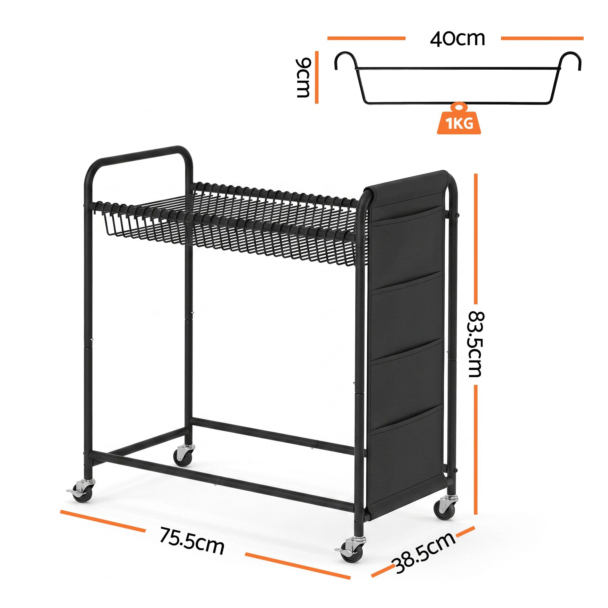 30-Hanger Mobile Pants Trolley Clothes Rack with Wheels and Storage Bag - Black