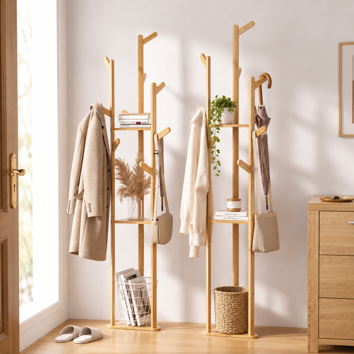 2X Bamboo Clothes Rack with 9 Hooks and 3-Tier Design