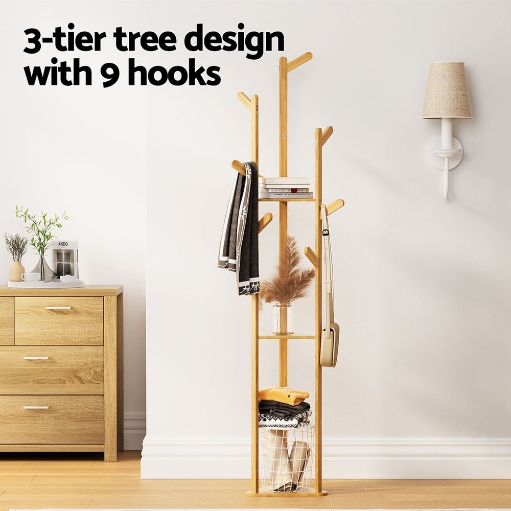 2X Bamboo Clothes Rack with 9 Hooks and 3-Tier Design