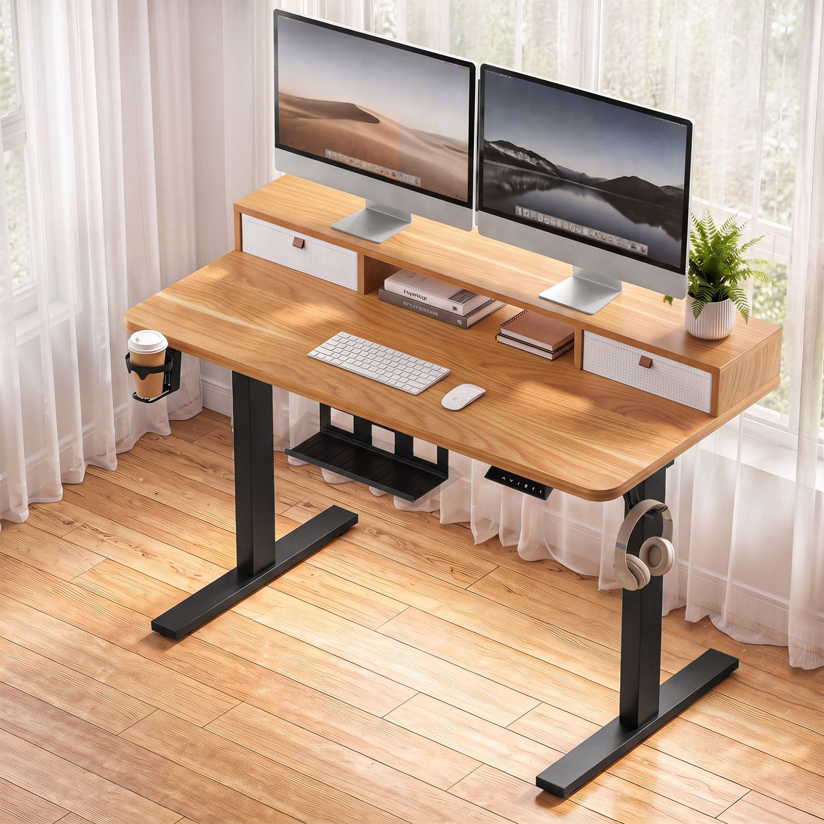 Electric Height Adjustable Standing Desk 120cm with Drawers and Monitor Shelf - Oak
