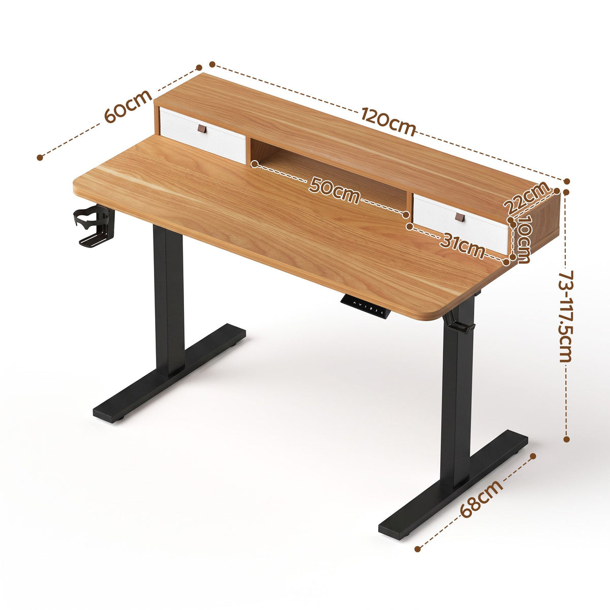 Electric Height Adjustable Standing Desk 120cm with Drawers and Monitor Shelf - Oak