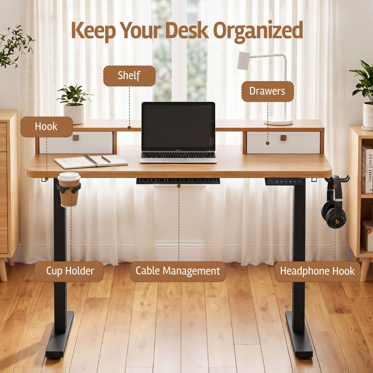 Electric Height Adjustable Standing Desk 120cm with Drawers and Monitor Shelf - Oak