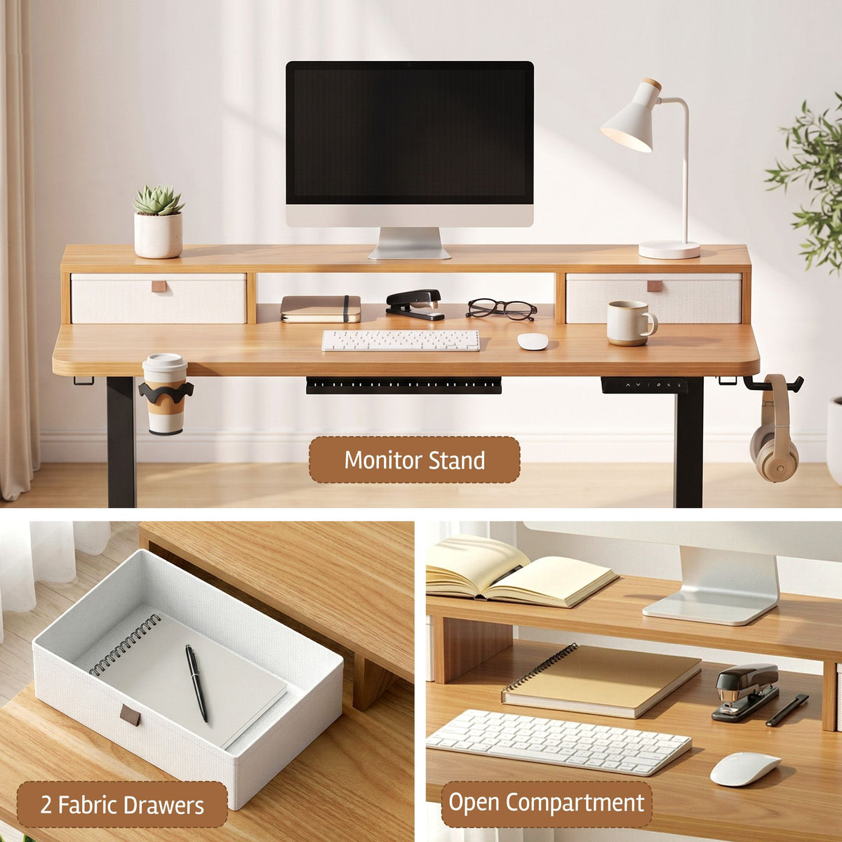 Electric Height Adjustable Standing Desk 120cm with Drawers and Monitor Shelf - Oak