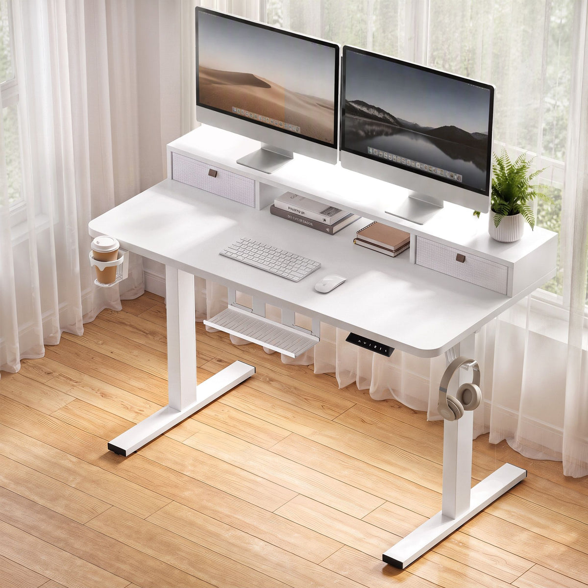 Electric Height Adjustable Standing Desk with Motorised Control Panel and Storage - White 120cm