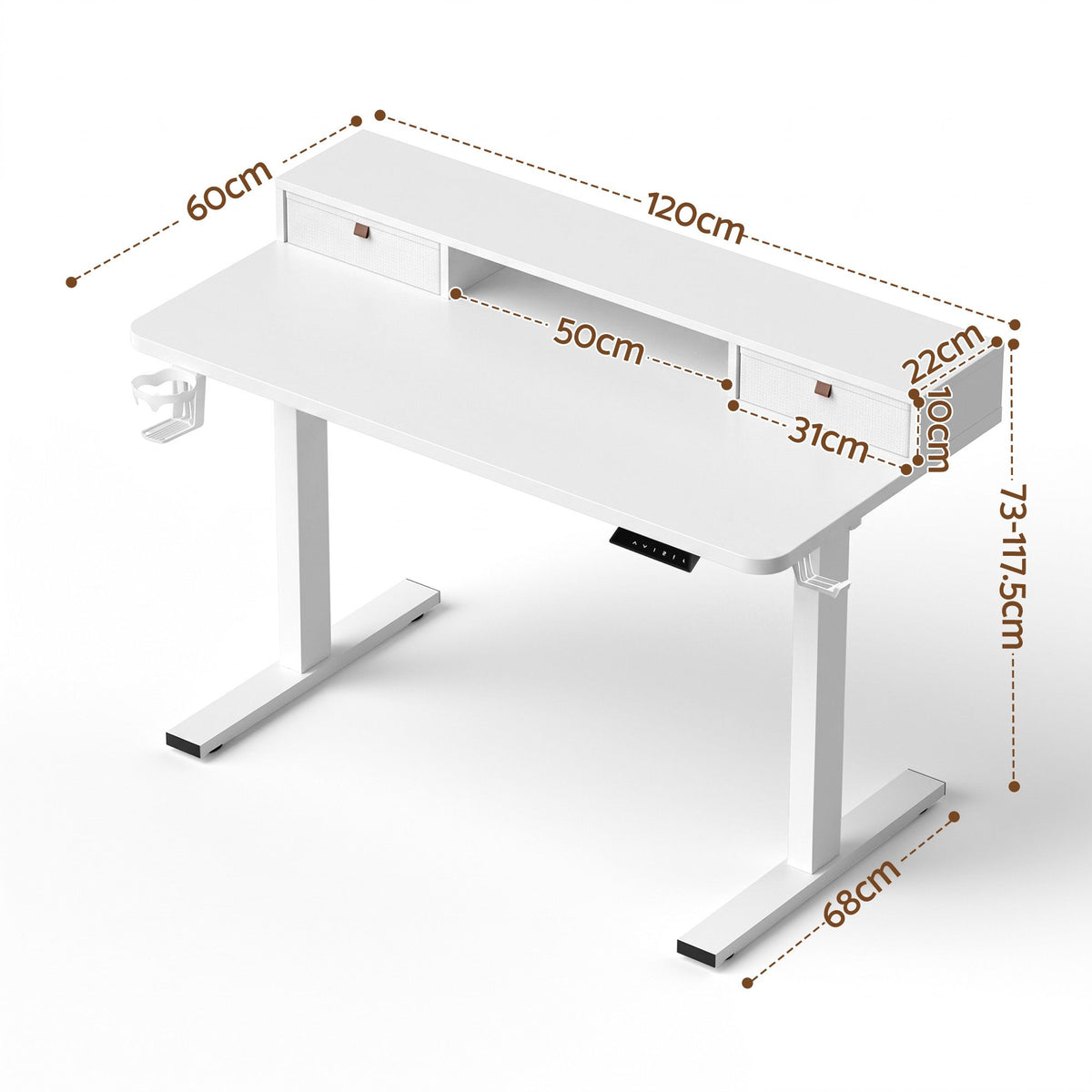 Electric Height Adjustable Standing Desk with Motorised Control Panel and Storage - White 120cm
