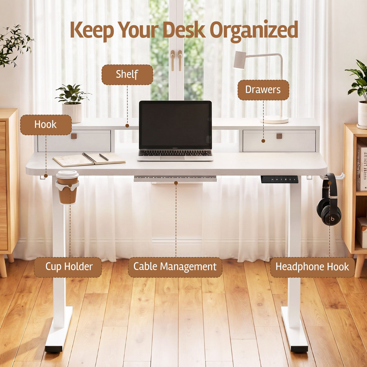 Electric Height Adjustable Standing Desk with Motorised Control Panel and Storage - White 120cm