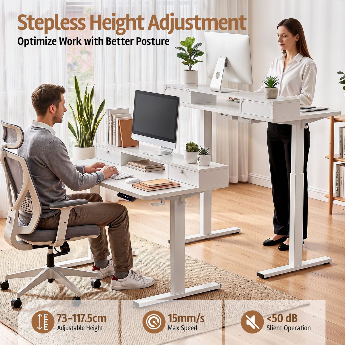 Electric Height Adjustable Standing Desk with Motorised Control Panel and Storage - White 120cm