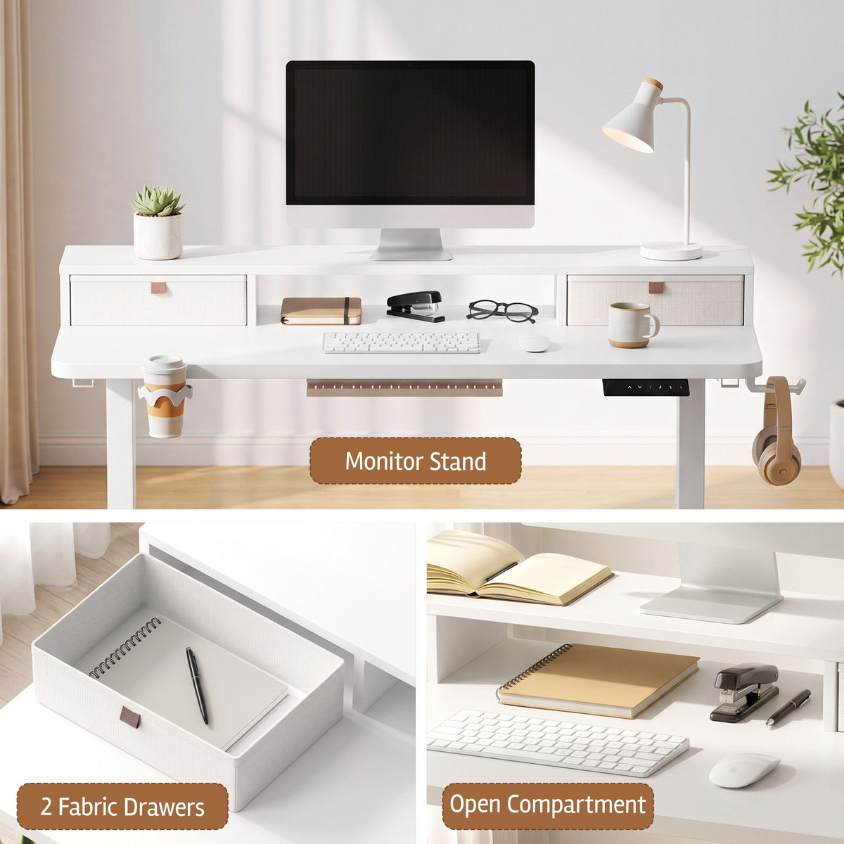 Electric Height Adjustable Standing Desk with Motorised Control Panel and Storage - White 120cm