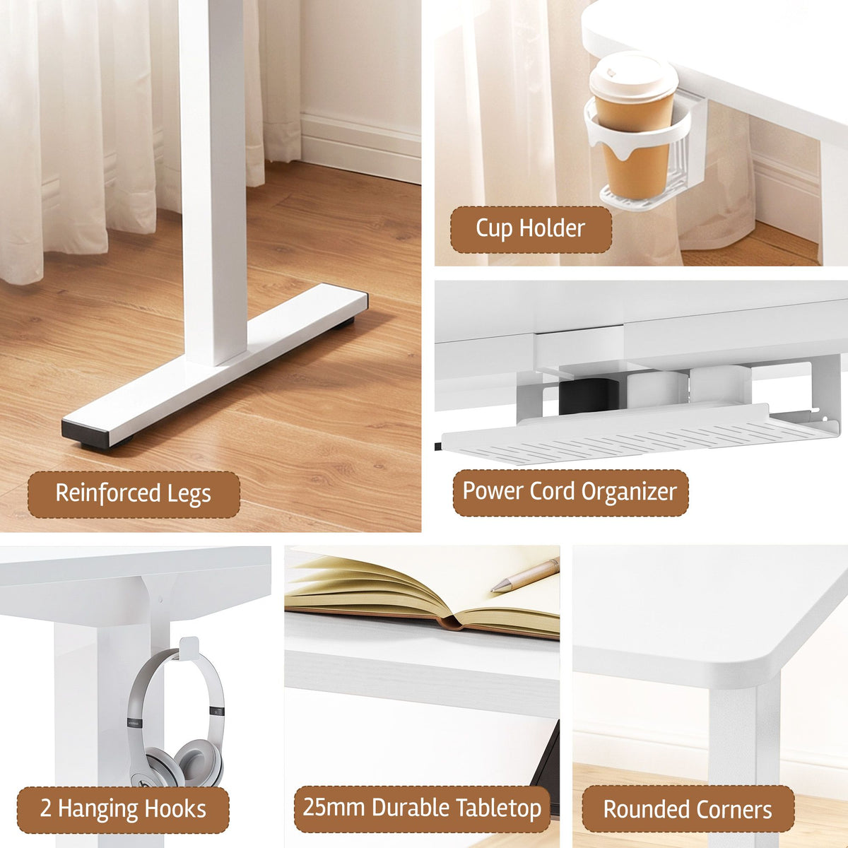 Electric Height Adjustable Standing Desk with Motorised Control Panel and Storage - White 120cm