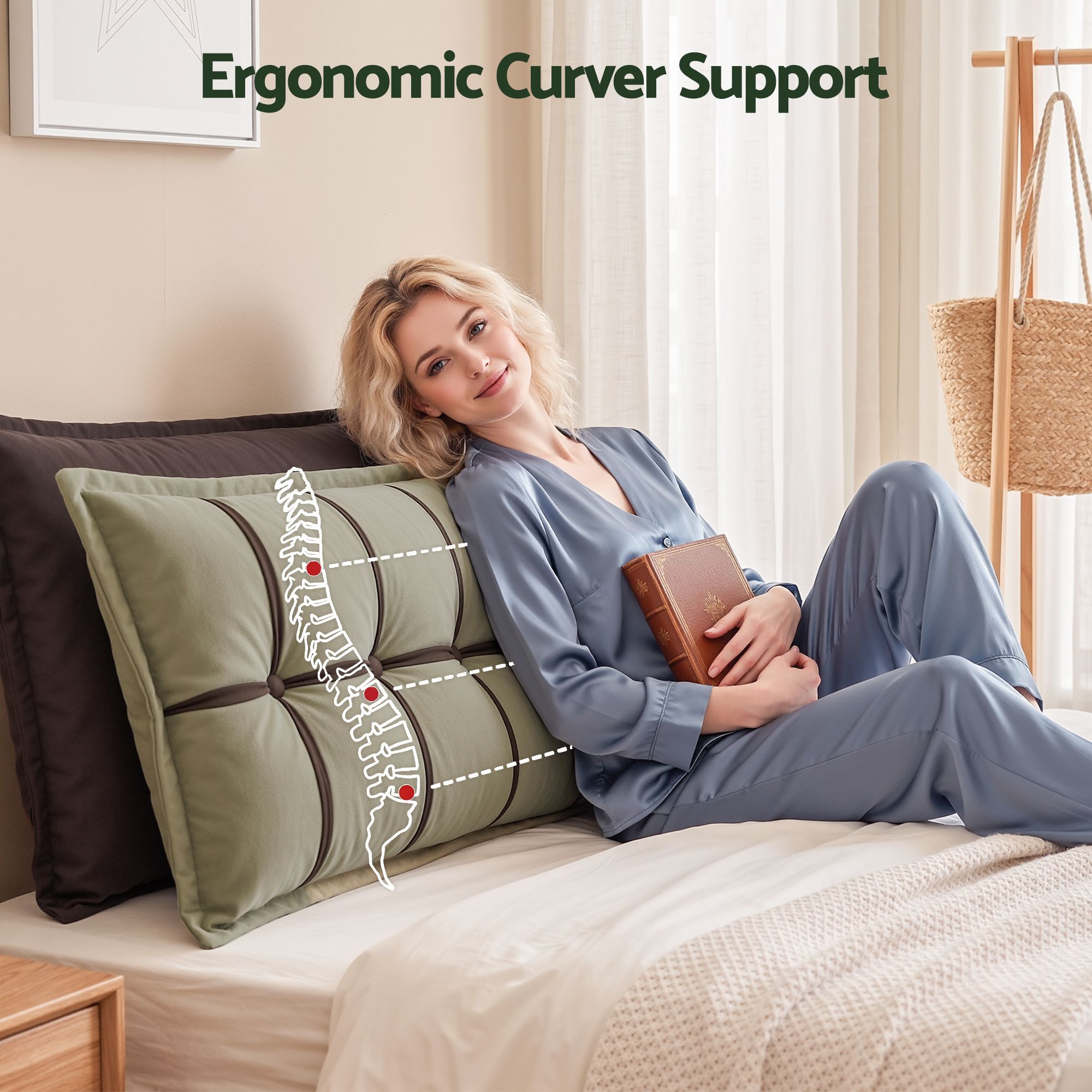Headboard Pillow with Double-Layer Storage Wedge Reading Backrest with Adjustable Filling, Chenille Bed Rest Cushion for Daybed, Dorm, and RV King