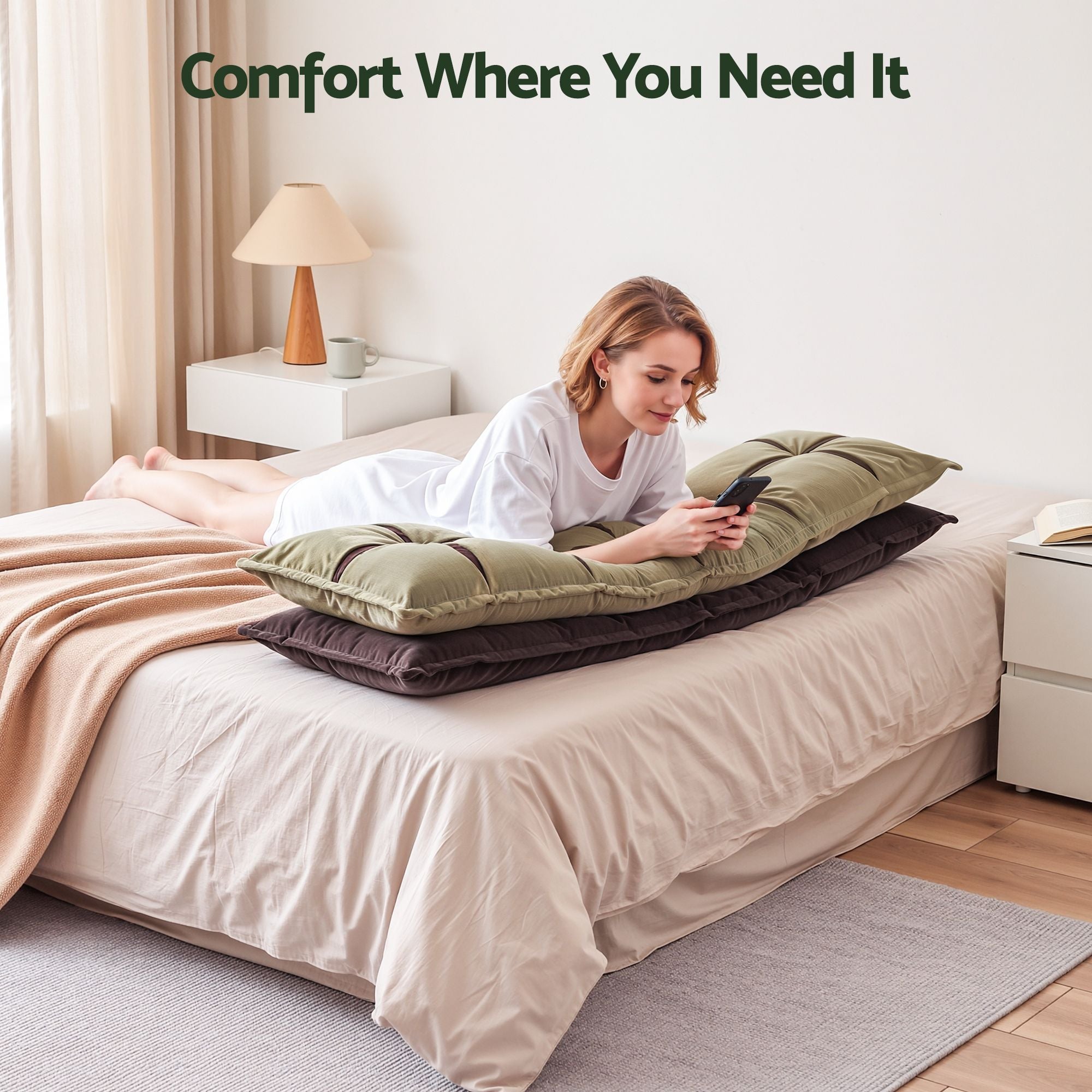 Headboard Pillow with Double-Layer Storage Wedge Reading Backrest with Adjustable Filling, Chenille Bed Rest Cushion for Daybed, Dorm, and RV Queen