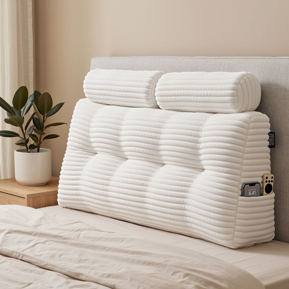 Double Wedge Pillow Headboard with Non-Flattening Shredded Foam Core and Side Pockets