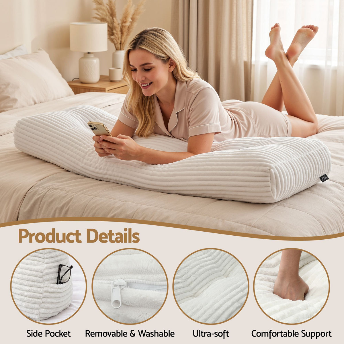 Double Wedge Pillow Headboard with Non-Flattening Shredded Foam Core and Side Pockets