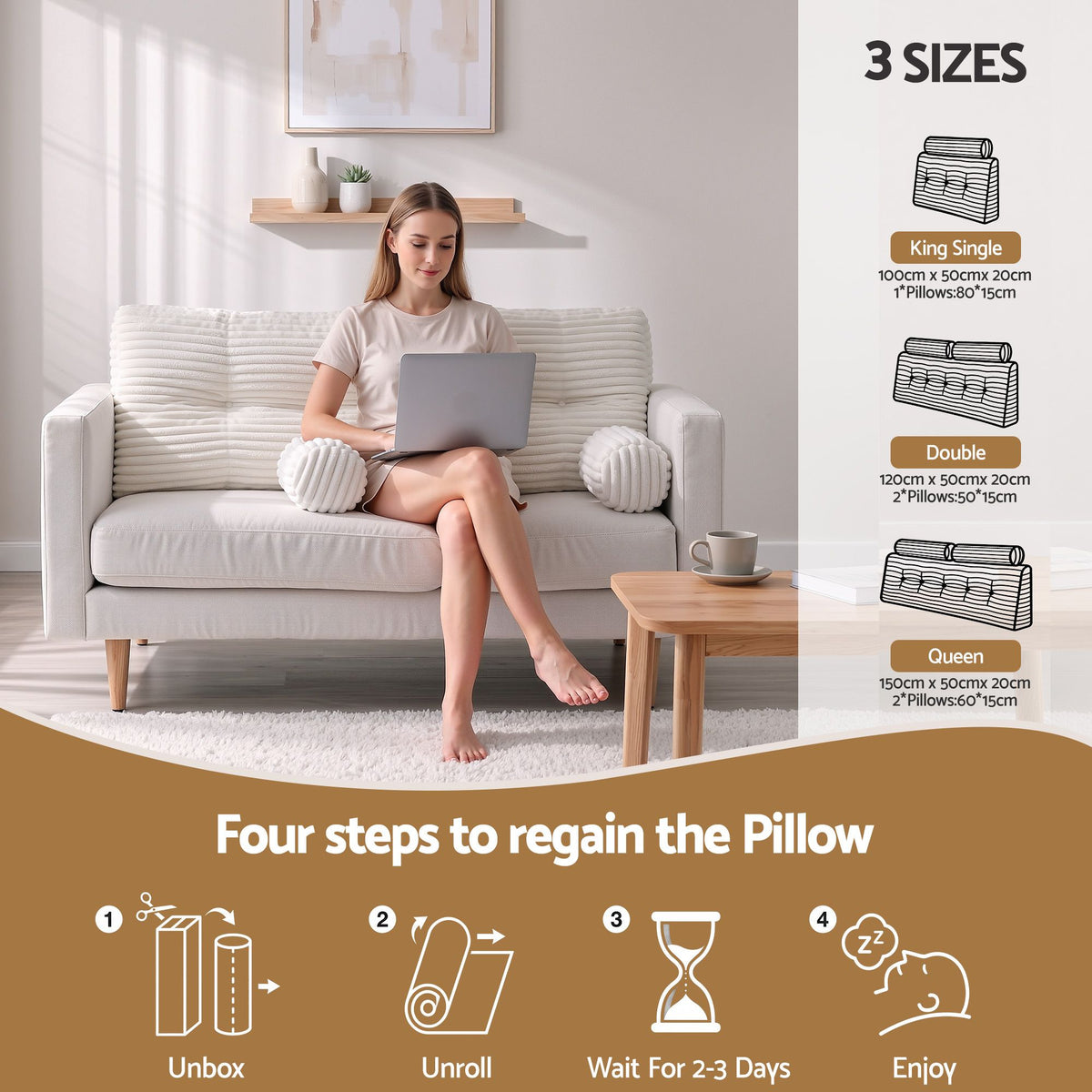 Double Wedge Pillow Headboard with Non-Flattening Shredded Foam Core and Side Pockets