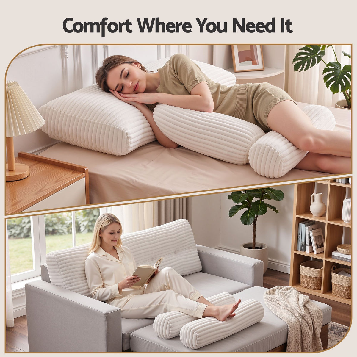 Double Wedge Pillow Headboard with Non-Flattening Shredded Foam Core and Side Pockets