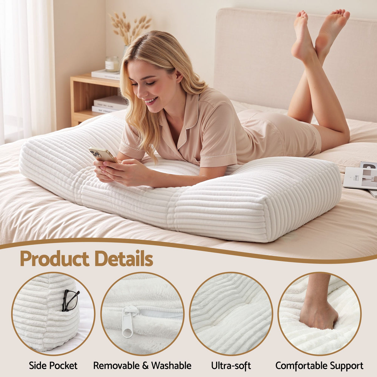 Wedge Pillow Headboard King Single with Non-Flattening Shredded Foam Core and Side Pockets