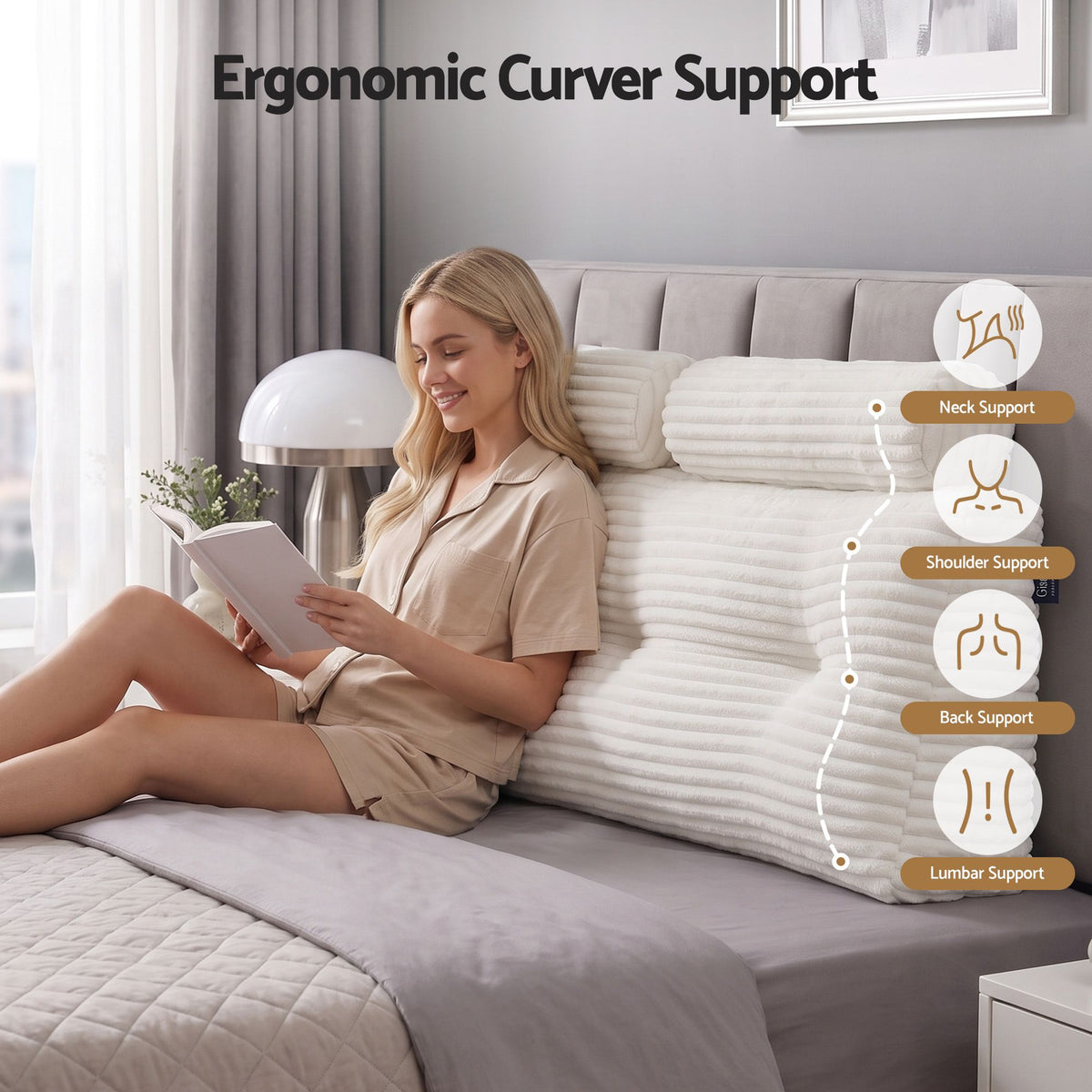 Wedge Pillow Headboard with Shredded Foam Core, Side Pockets, Queen Size