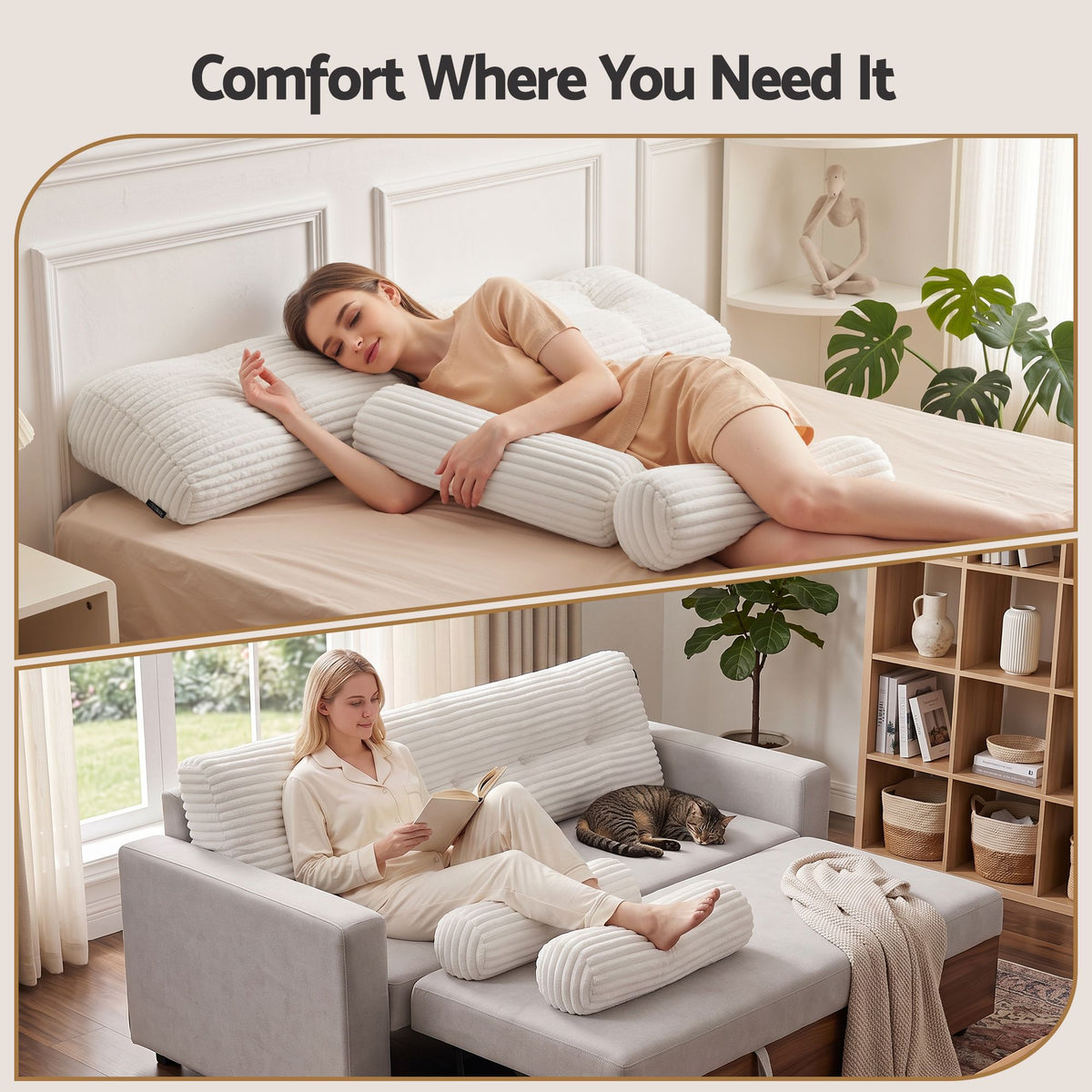 Wedge Pillow Headboard with Shredded Foam Core, Side Pockets, Queen Size