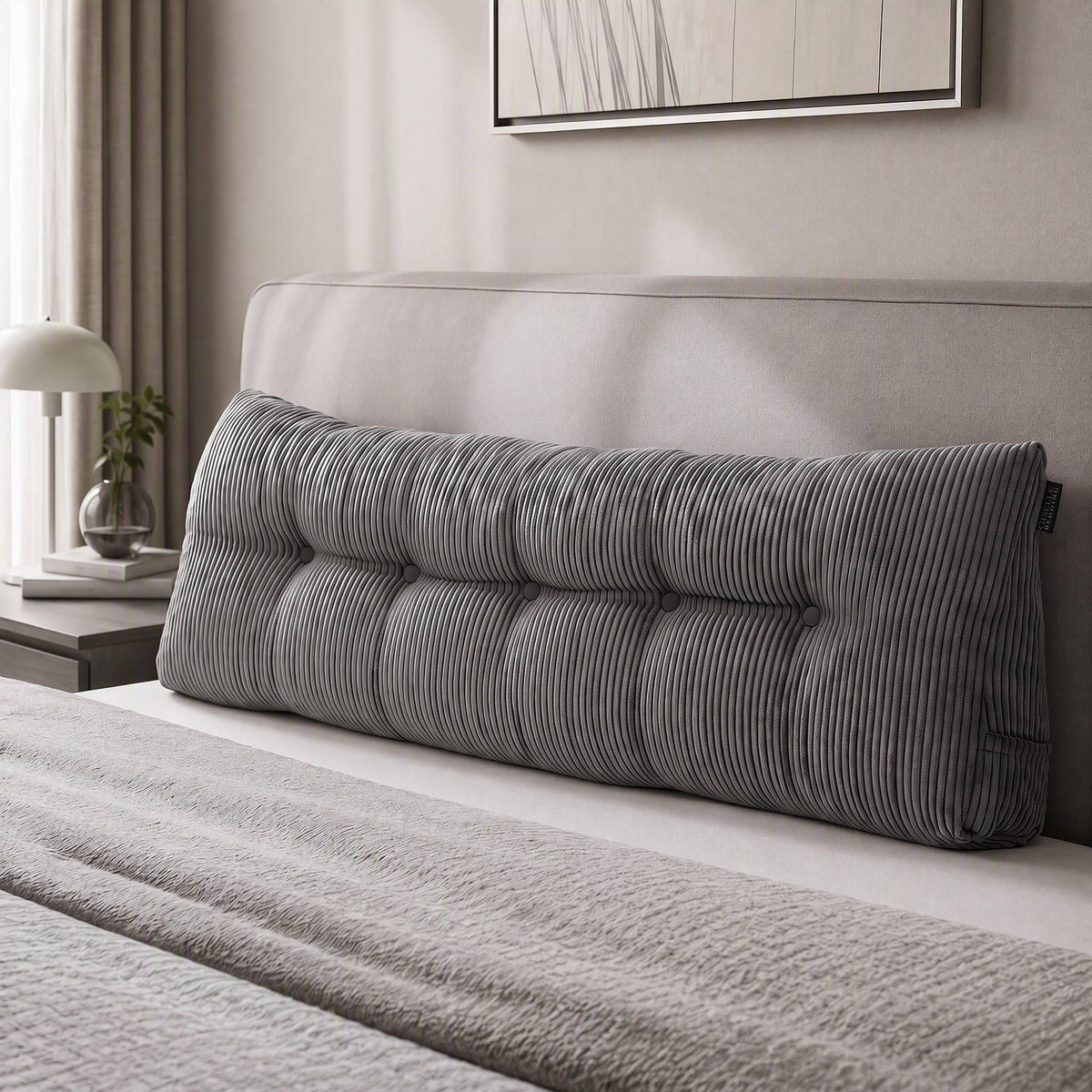 Headboard Pillow for Sitting in Bed with Lumbar Support, Shredded Foam Reading Wedge Cushion, Queen Size with Side Pockets