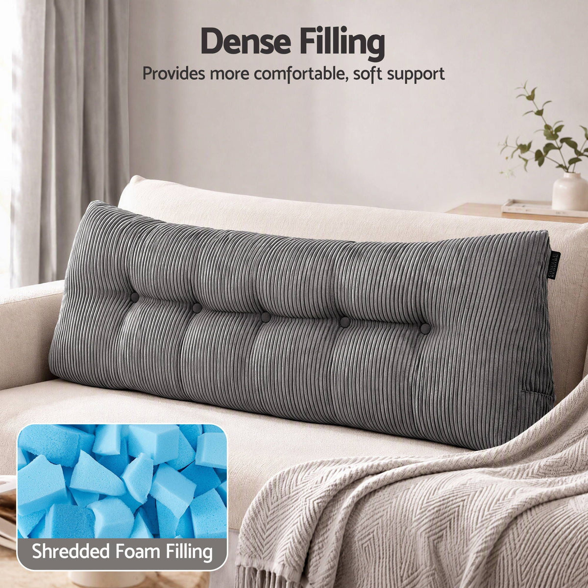 Headboard Pillow for Sitting in Bed with Lumbar Support, Shredded Foam Reading Wedge Cushion, Queen Size with Side Pockets