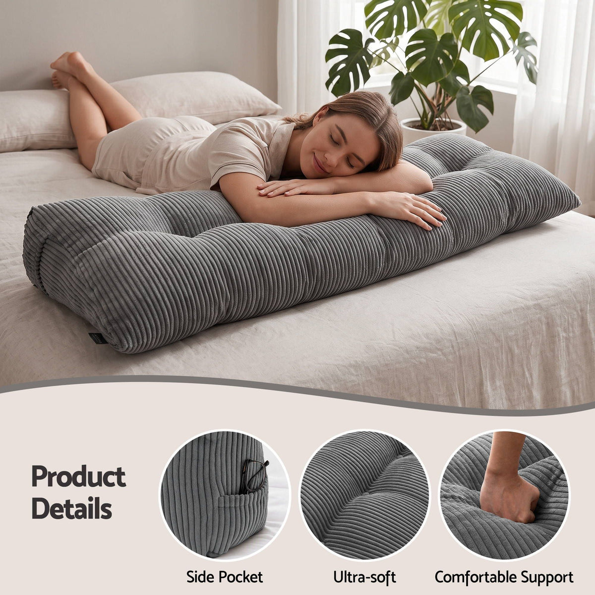 Headboard Pillow for Sitting in Bed with Lumbar Support, Shredded Foam Reading Wedge Cushion, Queen Size with Side Pockets
