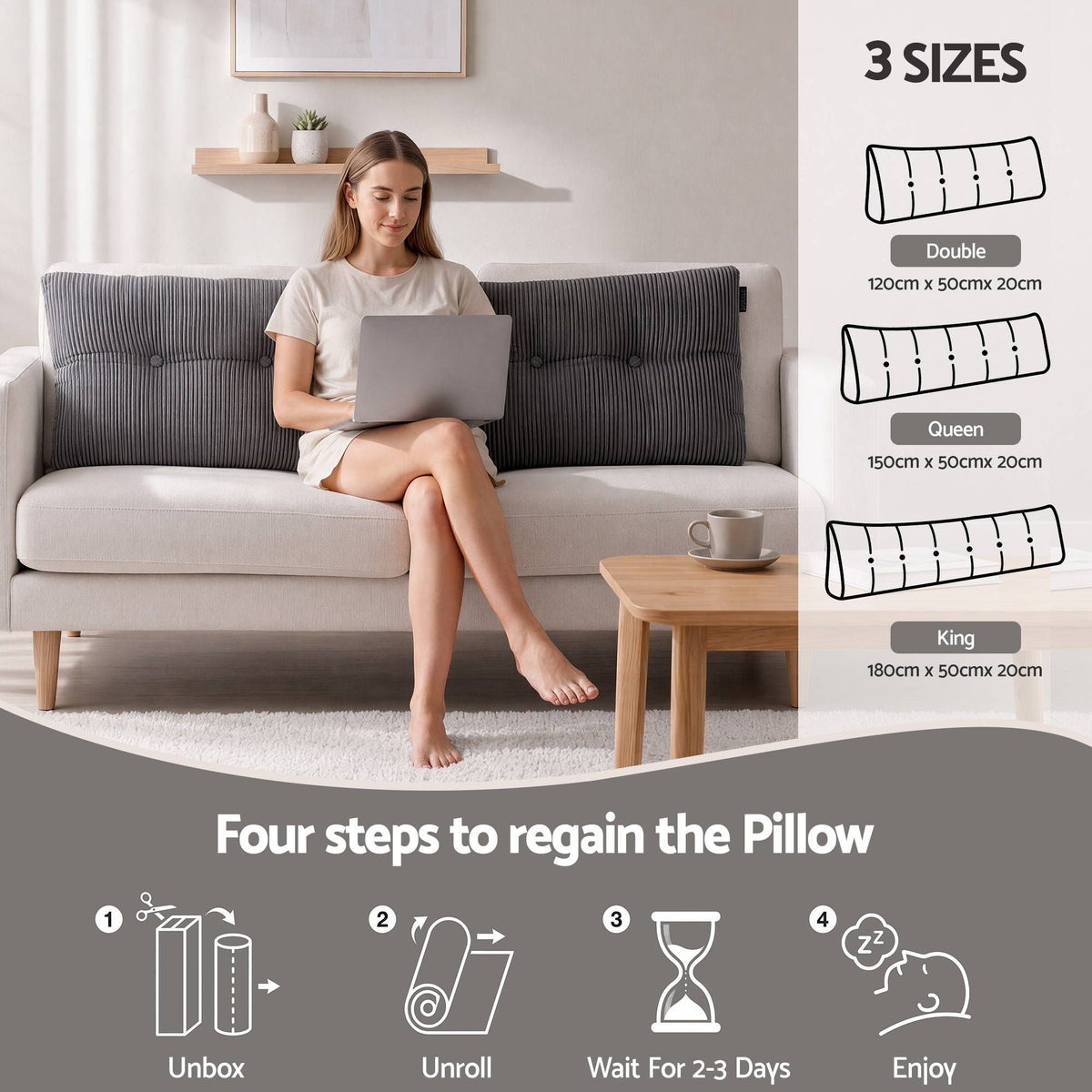 Headboard Pillow for Sitting in Bed with Lumbar Support, Shredded Foam Reading Wedge Cushion, Queen Size with Side Pockets