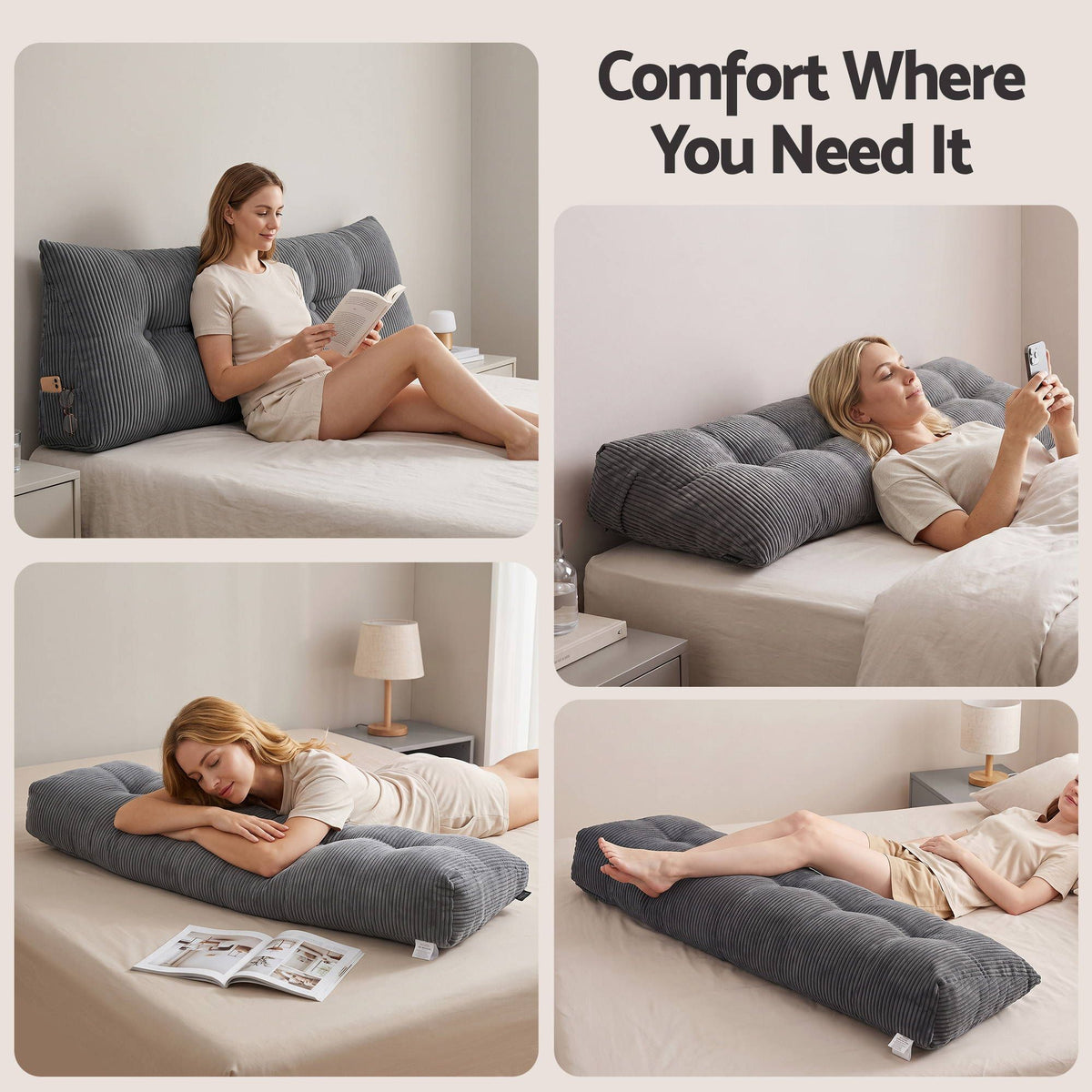 Headboard Pillow for Sitting in Bed with Lumbar Support, Shredded Foam Reading Wedge Cushion, Queen Size with Side Pockets
