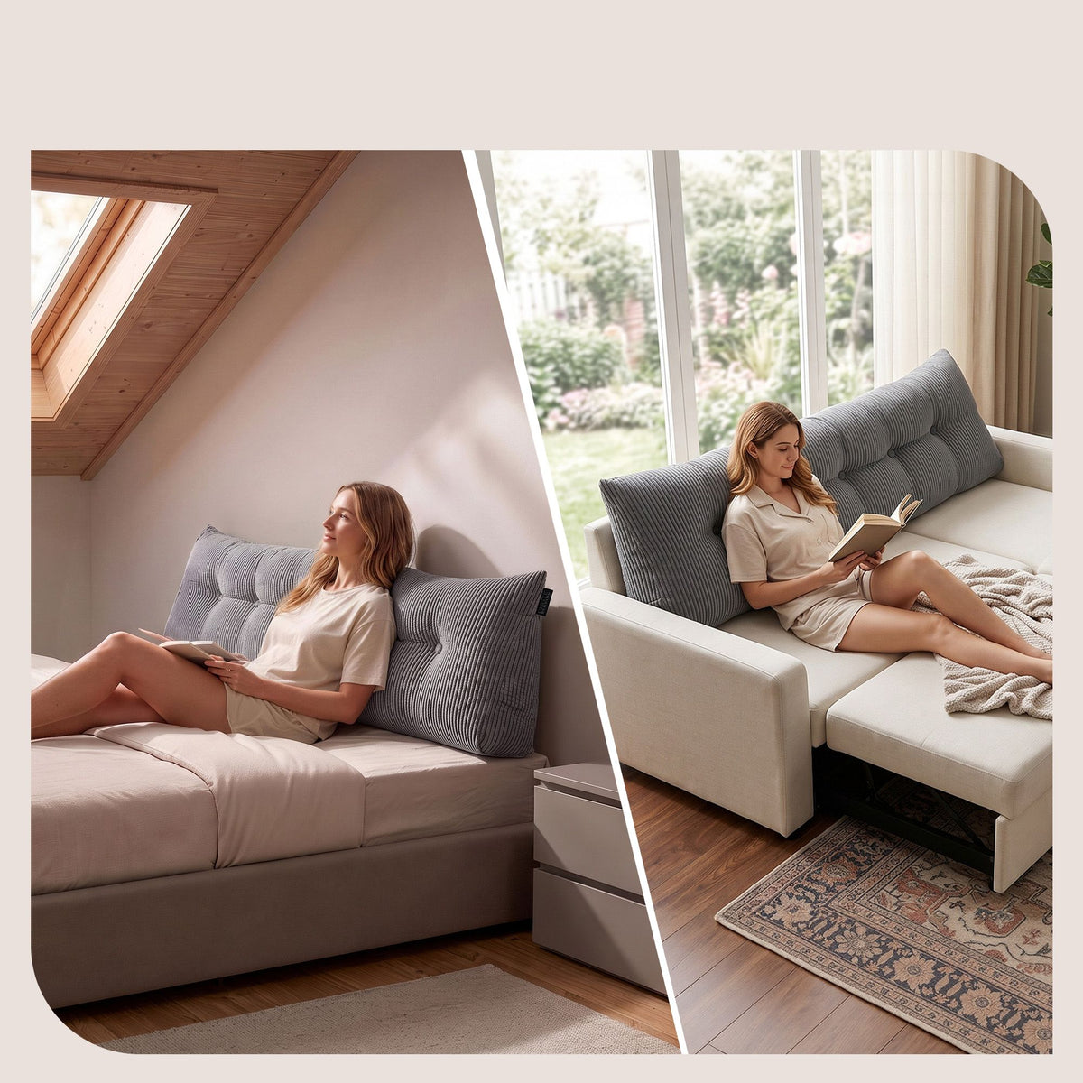 Headboard Pillow for Sitting in Bed with Lumbar Support, Shredded Foam Reading Wedge Cushion, Queen Size with Side Pockets