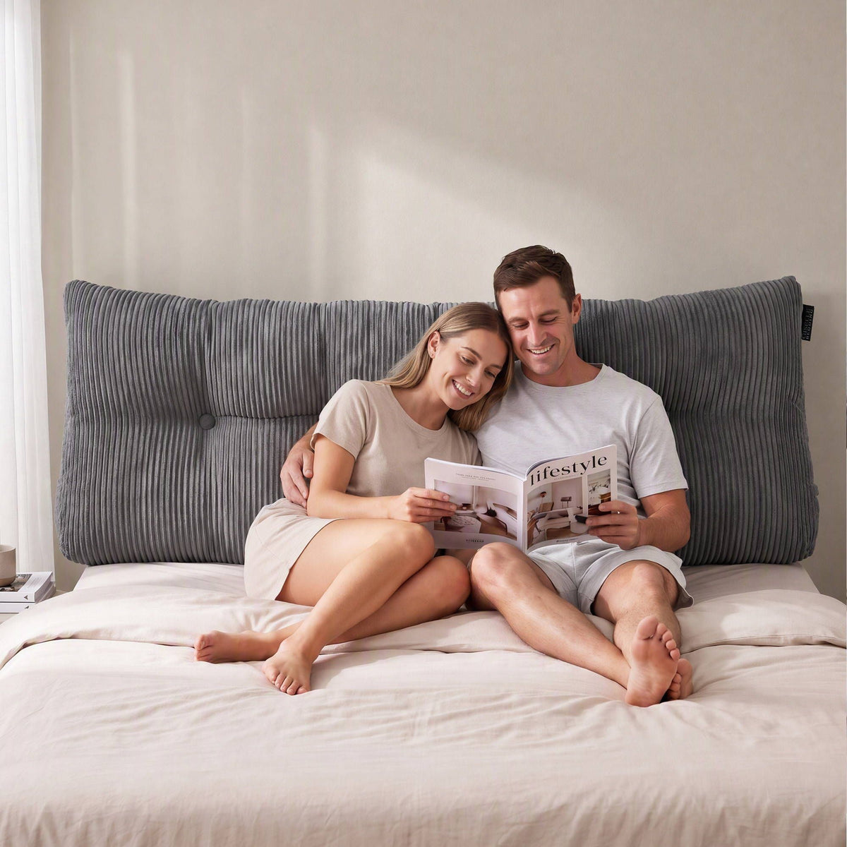 Headboard Pillow for Sitting in Bed with Lumbar Support, Shredded Foam Reading Wedge Cushion, Queen Size with Side Pockets