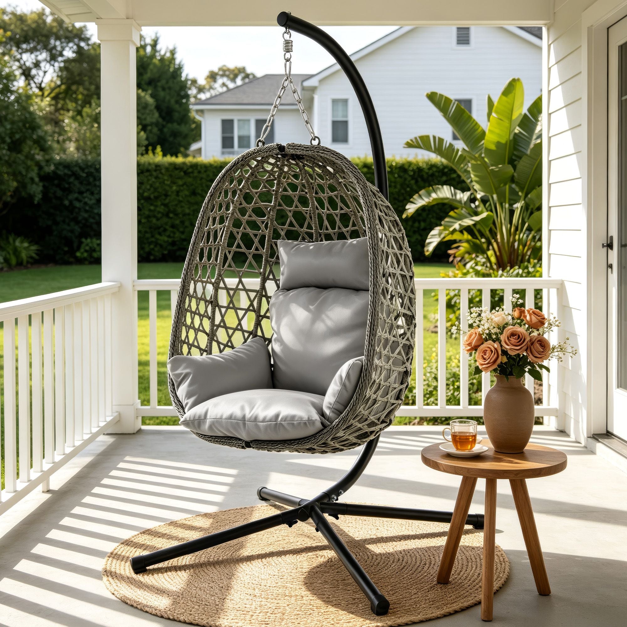 Outdoor Swing Chair with Stand and Cushion 102x192cm - Grey