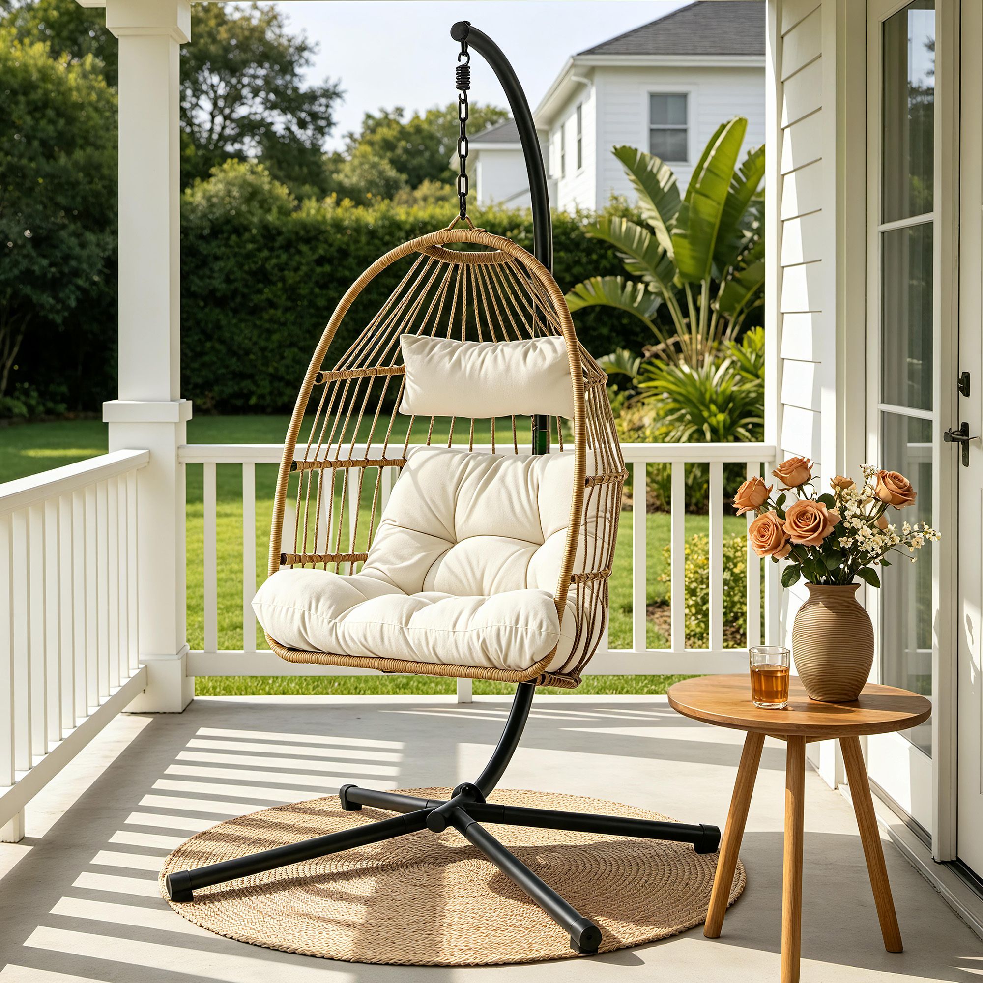 Gardeon Foldable Outdoor Swing Chair with Stand and Cushion - Latte