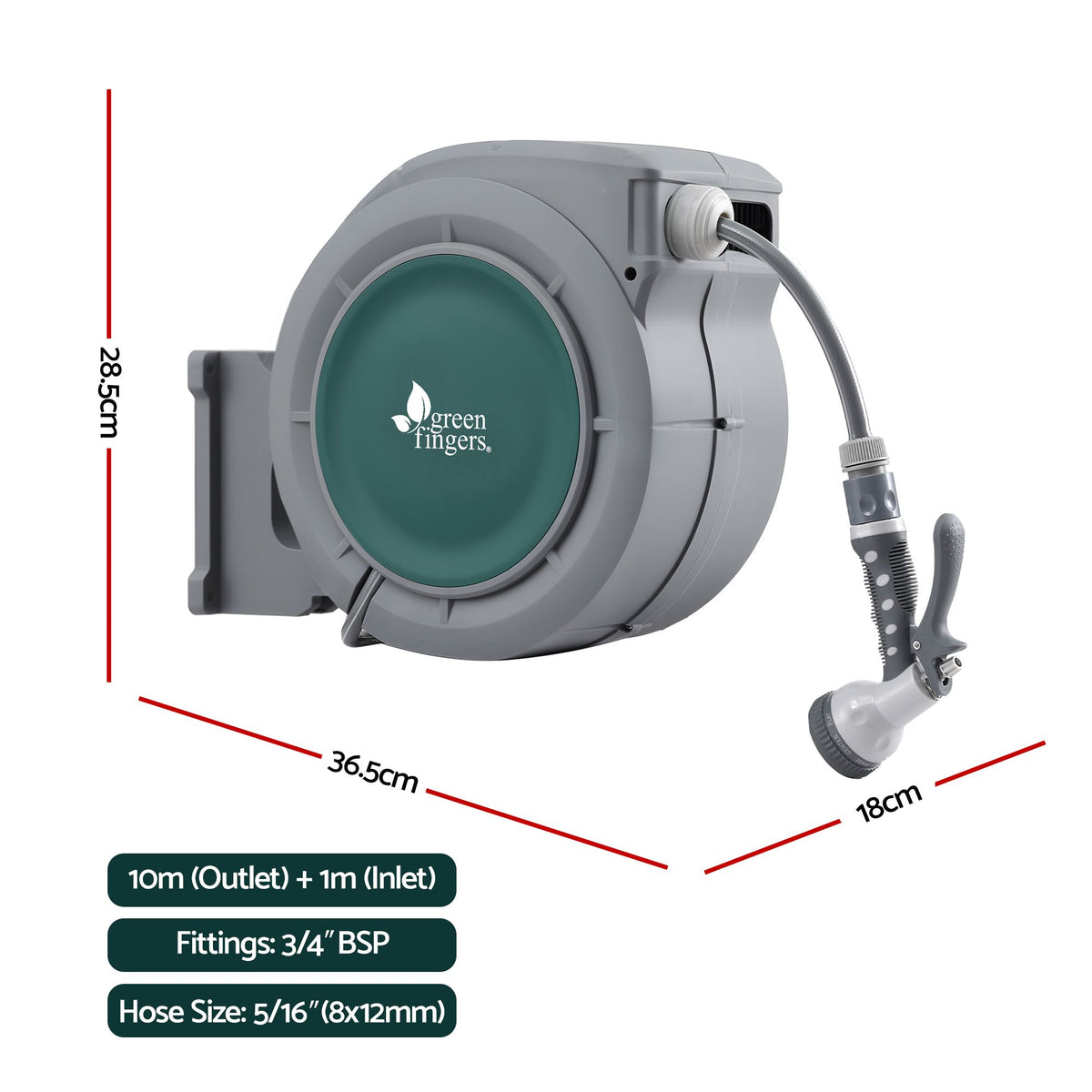 20m Retractable Wall Mounted Garden Hose Reel with 9-Pattern Nozzle - Green